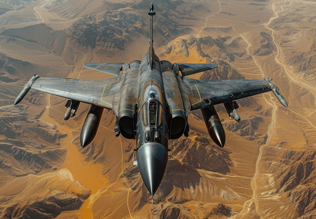 F20 fighter jet soaring above the desert landscape during a clear day