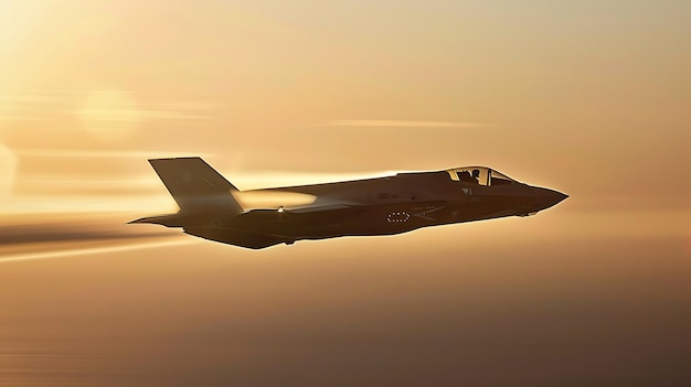 F35 Lightning II jet fighter flying fast across the horizon with motion blur and sunset