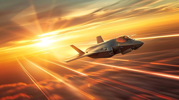 F35 Lightning II jet fighter flying fast across the horizon with motion blur and sunset