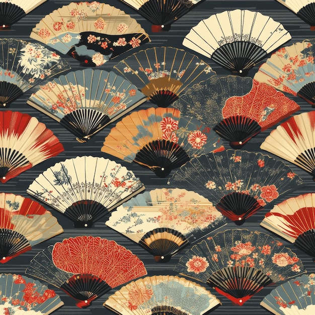 A fabric pattern inspired by Japanese fans featuring a repeating design of Uchiwa fans decorated