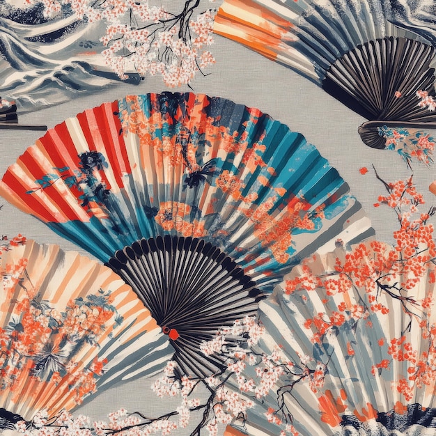 A fabric pattern inspired by Japanese fans featuring a repeating design of Uchiwa fans decorated