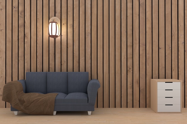 Fabric sofa in empty wood plank room in 3D rendering