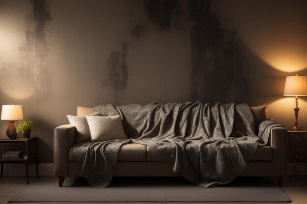 Fabric sofa with grey pillow and blanket against stucco wall AI Generated