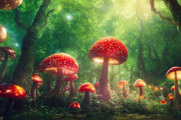 Fabulous big mushrooms in a magical forest Fantasy Mushrooms 3D render Raster illustration