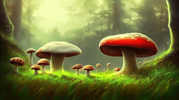 Fabulous big mushrooms in a magical forest Fantasy Mushrooms illustration for the book cover Amazing landscape of nature 3d illustration