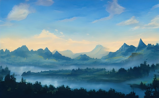 Fabulous fantasy landscape of mountains amazing view of the rocks and the valley Mystical nature of the peaks of mountains and ridges Illustration