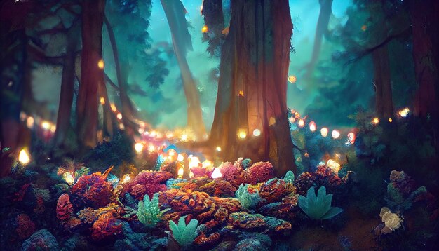 Fabulous flower meadow in night enchanted forest beautiful nature scene with tree trunk plants bloss