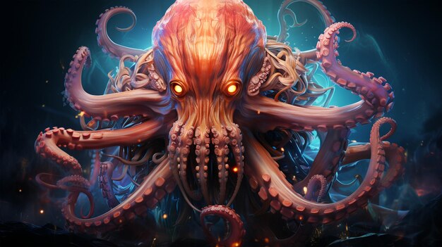 Fabulous giant octopus with futuristic style on dark background drawing for children's book