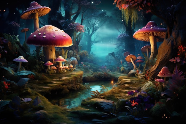 Fabulous house inside mushrooms in a magical forest Fantasy Mushrooms house in jungle