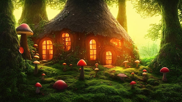 Fabulous house inside mushrooms in a magical forest Fantasy Mushrooms illustration for the book cover Amazing landscape of nature 3d illustration