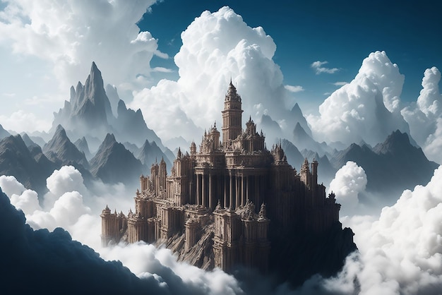 A fabulous lost city in white clouds