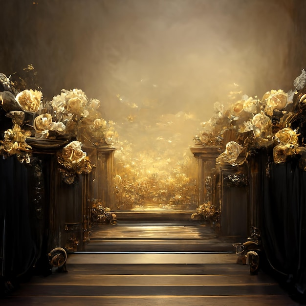 Fabulous Magic solemn golden background with elements of landscape and architecture ai rendering