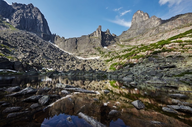 Fabulous mountains and lakes, travel and hiking, lush greenery and flowers around. Thawed spring water from the mountains. Magical views of high mountains, Alpine meadows