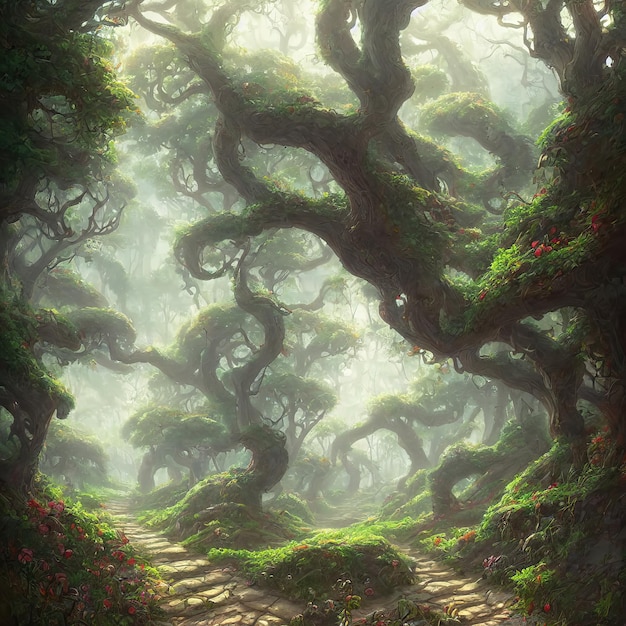 Fabulous mysterious forest of magical trees Rays of sun break through foliage and branches of trees Path through thicket of the forest 3d illustration