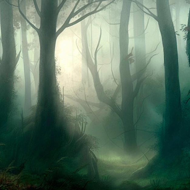 A fabulous mystical forest in the fog