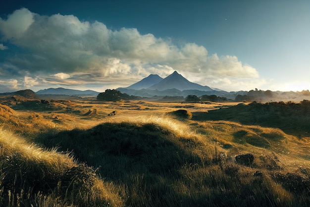 Fabulous savannah landscape with mountains in the background and blue sky with clouds