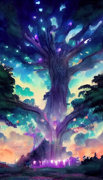 A fabulous watercolor ancient illustration of a tree of life with a bright aura magic fairy forest