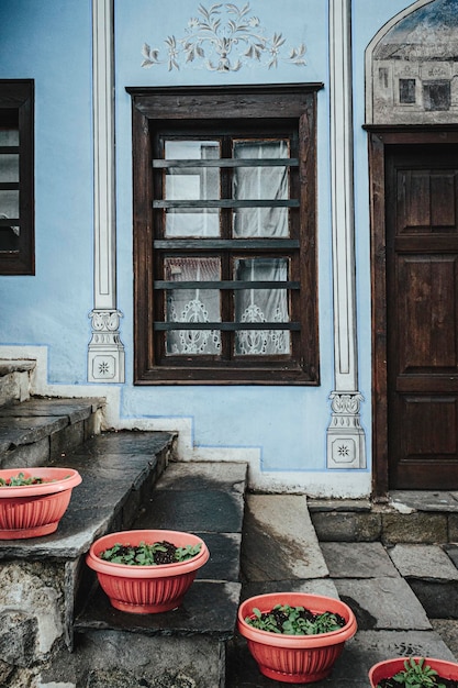 Facade of blue house in old quarter Plovdiv