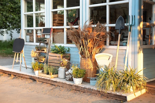 Facade blue house Rustic style with plants and garden tools