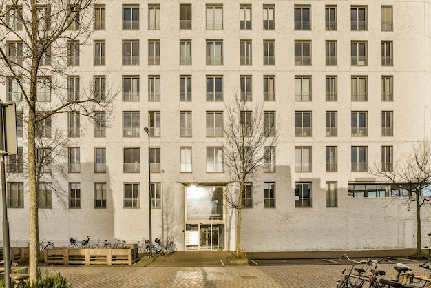 The facade of a building with bikes parked outside