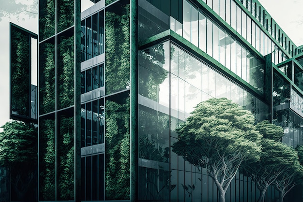 Facade of the building with green leaves