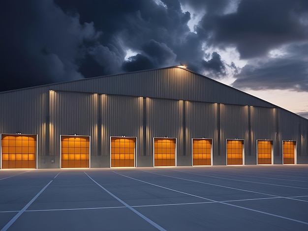 Photo facade front view of large metal hangar with industrial design