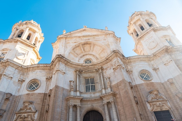 Facade of the Holy Cathedral Church in the city of Cadiz Andalusia