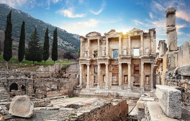 Facade of the Library of Celsus in Ephesus in the afternoon. Turkey