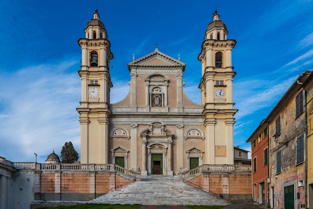 Facade of the main church of Lavagna maritime village on the Italian Riviera