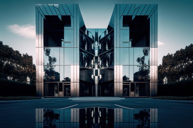 Facade of a modern building concept with glass panels with straight lines