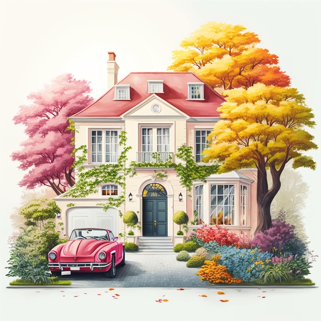 The facade of a nice big house with a car in front of it Cartoon style