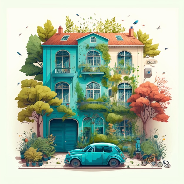 The facade of a nice big house with a car in front of it Cartoon style