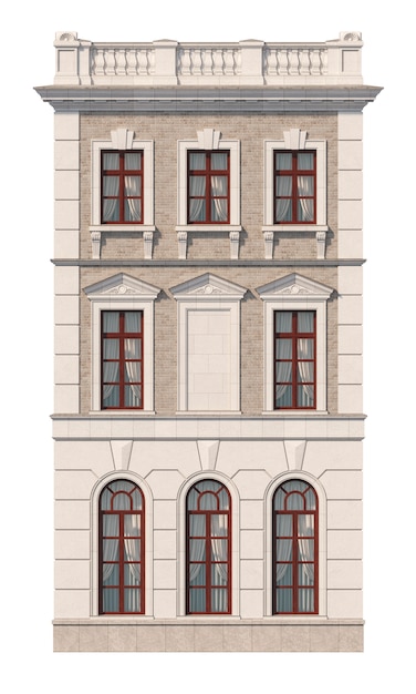 Facade of a three-story classic house with windows. 3D rendering