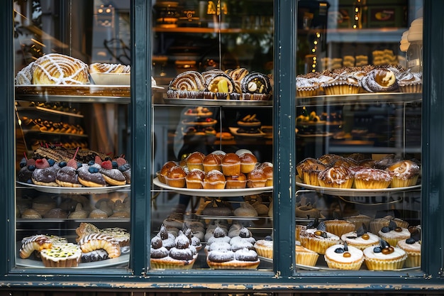 Photo facade windows of a pastry shop displaying delicious treats