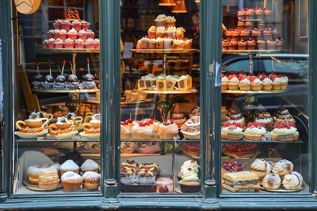 Photo facade windows of a pastry shop displaying delicious treats