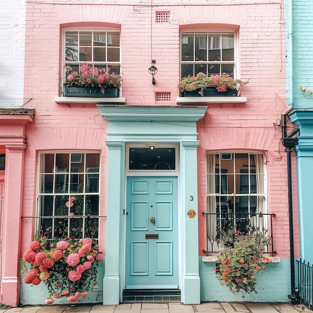 The facades of English houses are colorful in pale pastel colors