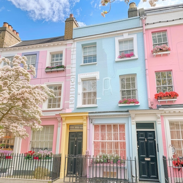 The facades of English houses are colorful in pale pastel colors