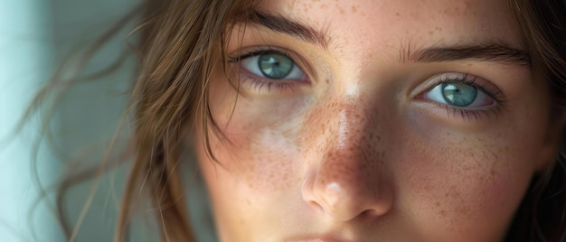 Face of attractive teenage girl without makeup with good skin beautiful blue eyes and few freckles