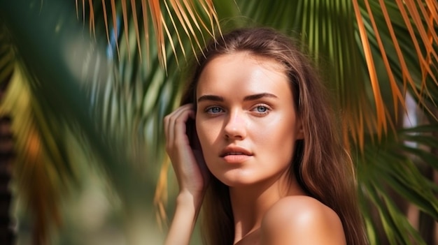 Face and body skin care concept beauty photo of a young woman in front of palm trees Generative AI