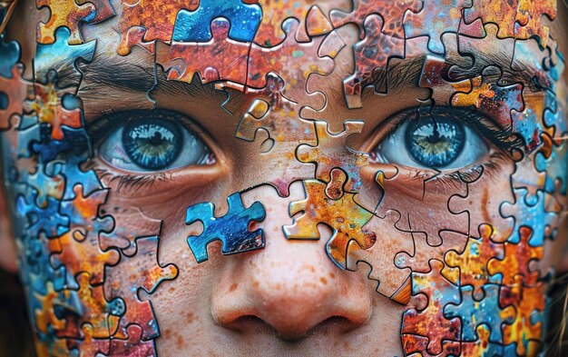 The face of a boy with blue eyes with a puzzle on his face looking straightt The concept of World Autism Awareness Day