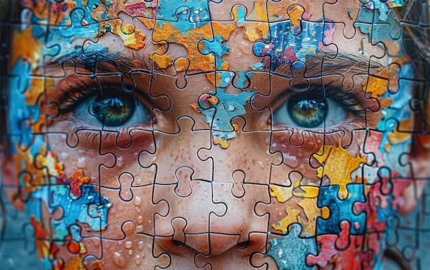 The face of a boy with a puzzle on his face looking straight The concept of World Autism Awareness Day