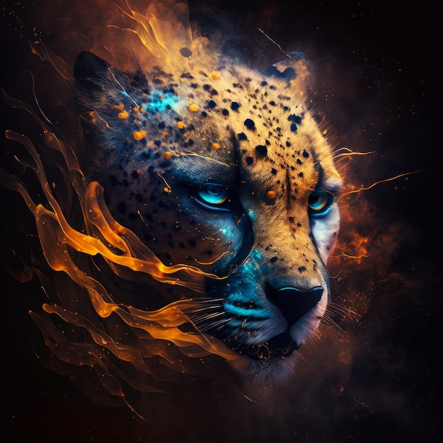 The face of cheetah in flames with blue eyes Generative AI