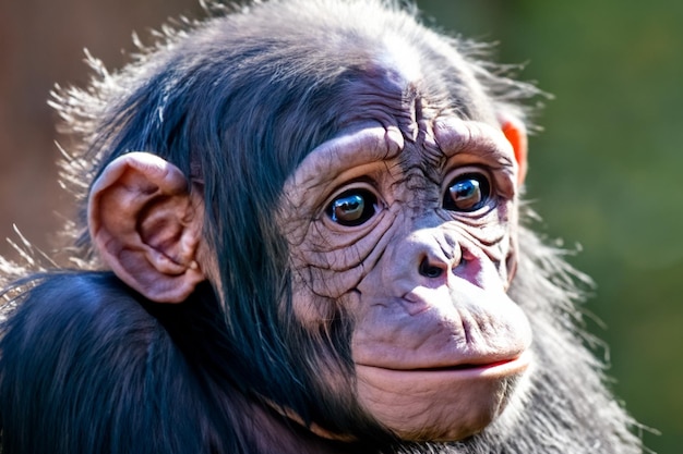 The face of a chimpanzee with starring eyes portrait shot