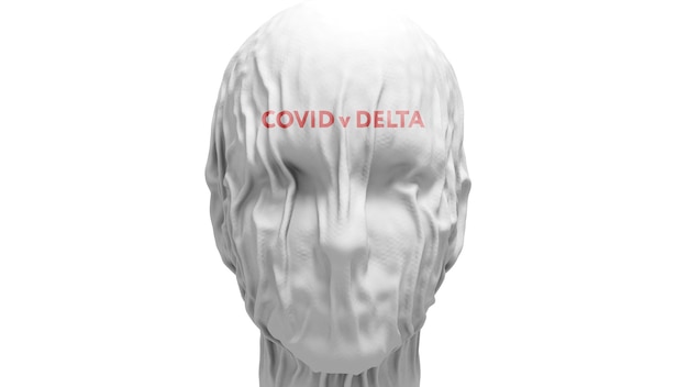 Face close-up covered with cloth with the inscription "covid variant delta"