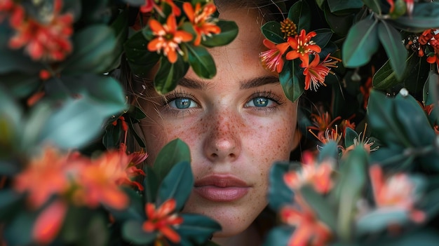 Face close up portrait of a young woman surrounded by colorful myrtaceae