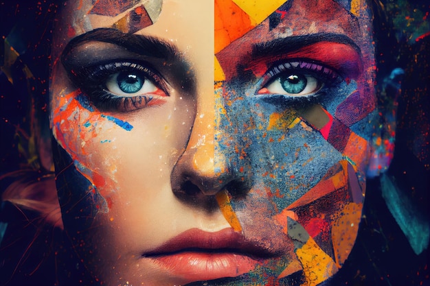 Face collage with mix of vibrant colors patterns and textures