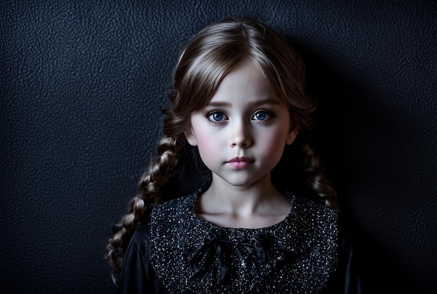 Face of cover kid girl 910 year old in doll image in black at dark textured wall frozen eyes pose lo