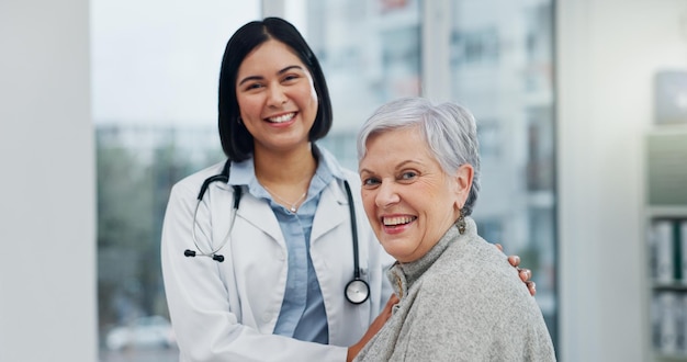 Face doctor and old woman with a smile elderly patient and consultation with checkup appointment and happiness Portrait medical professional or mature client with healthcare wellness or results