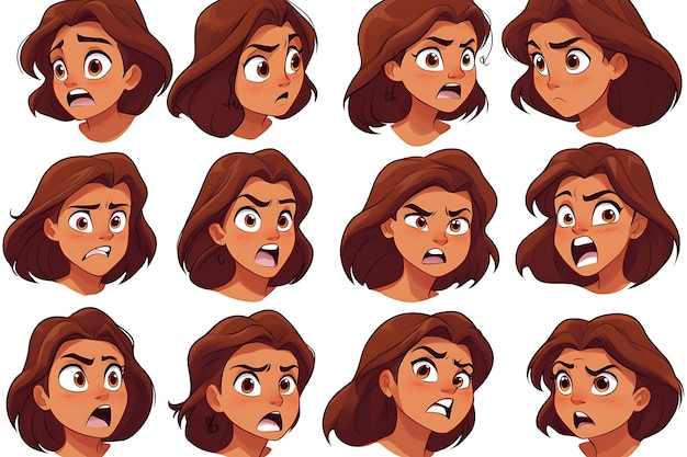 Face expressions of woman with brown hair