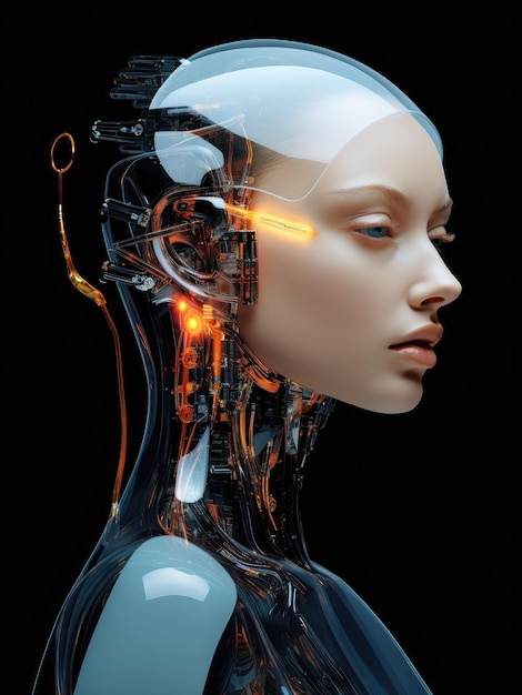 Face future robot liquid glass fashion black background